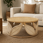 Round cane coffee table in a living room